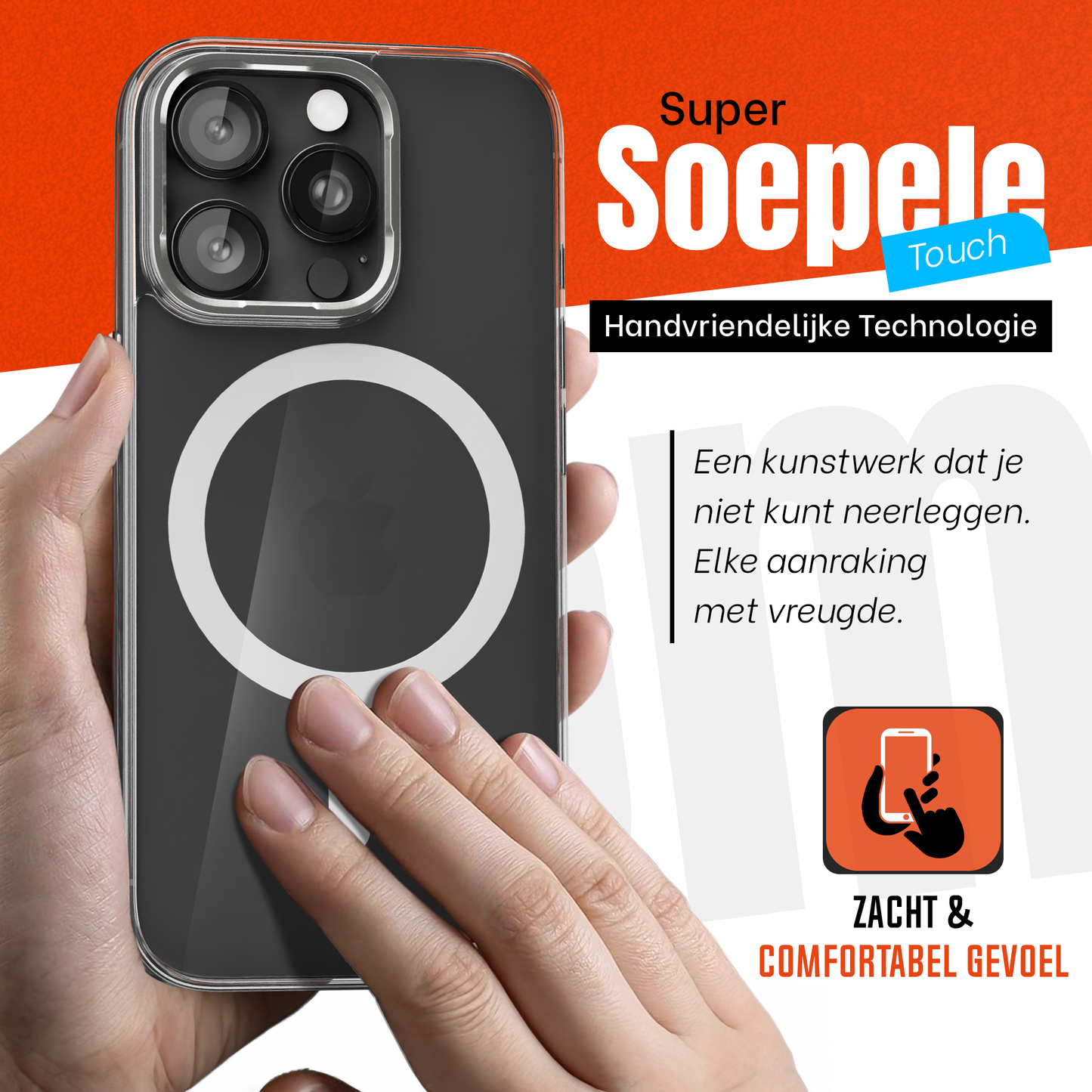 iPhone 15 Pro Max Hoesje – Transparant MagSafe Case met Metalen Stand & Oranje Button