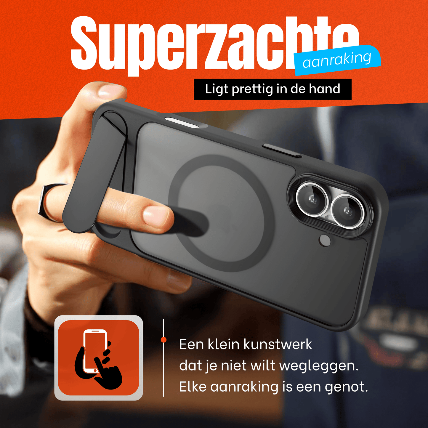 My Case - Hoesje geschikt voor iPhone 16 MagSafe - Zwart - Draadloos Opladen - Standaard - Soepele Metalen Knoppen - mijnhoesjesMy Case - Hoesje geschikt voor iPhone 16 MagSafe - Zwart - Draadloos Opladen - Standaard - Soepele Metalen Knoppen