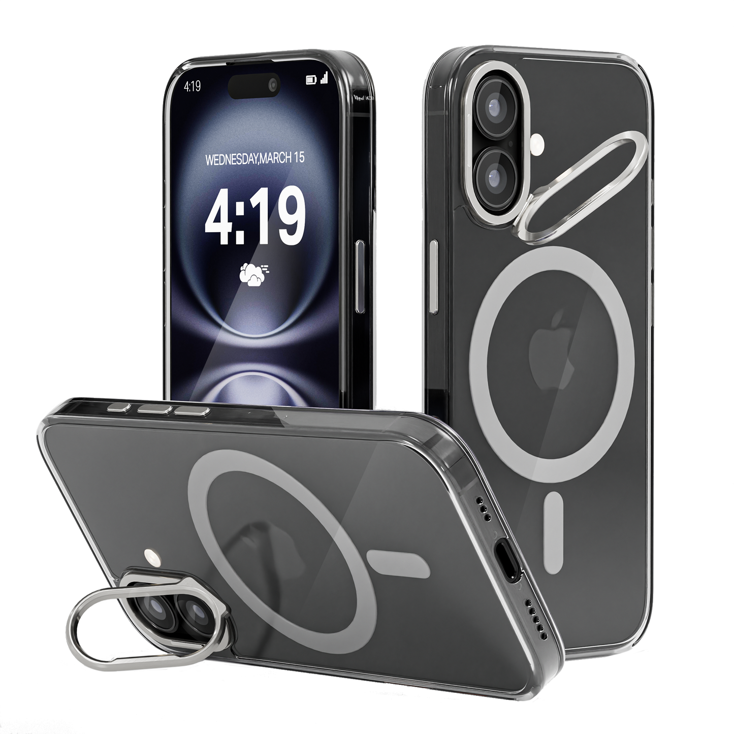 iPhone 16 Plus Hoesje – Transparant MagSafe Case met Metalen Stand & Oranje Button