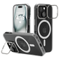 iPhone 15 Plus Hoesje – Transparant MagSafe Case met Metalen Stand & Oranje Button