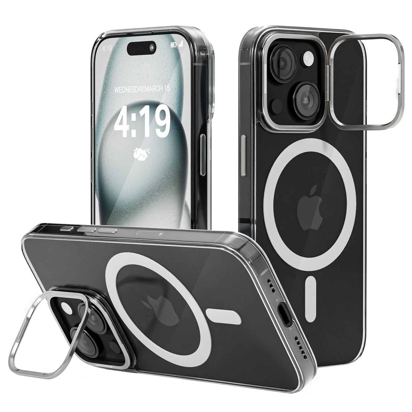 iPhone 15 Plus Hoesje – Transparant MagSafe Case met Metalen Stand & Oranje Button