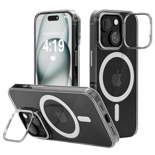 iPhone 15 Plus Hoesje – Transparant MagSafe Case met Metalen Stand & Oranje Button
