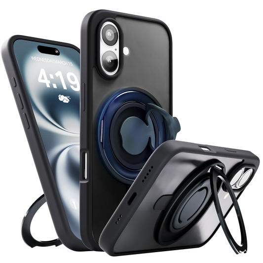 iPhone 16 Plus Hoesje – Shockproof MagSafe Case met 360° Ring Stand Zwart