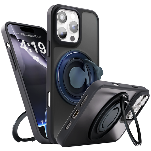 iPhone 16 Pro Hoesje – Shockproof MagSafe Case met 360 Ring Stand Zwart