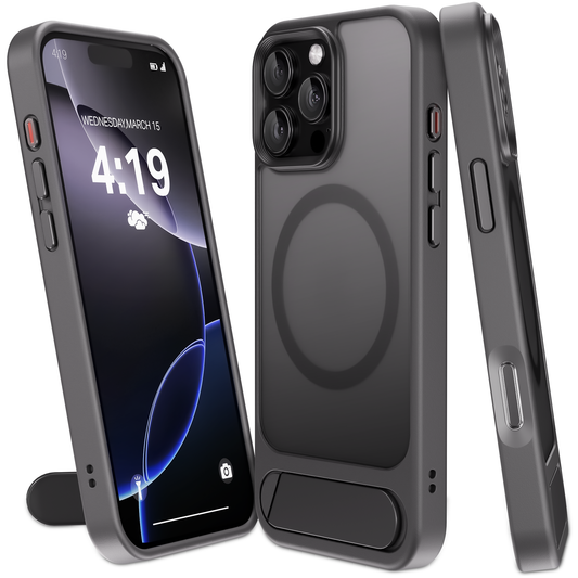 My Case - Hoesje geschikt voor iPhone 16 Pro Max MagSafe - Zwart - Draadloos Opladen - Standaard - Soepele Metalen Knoppen