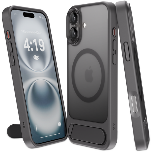 My Case - Hoesje geschikt voor iPhone 16 Plus MagSafe - Zwart - Draadloos Opladen - Standaard - Soepele Metalen Knoppen