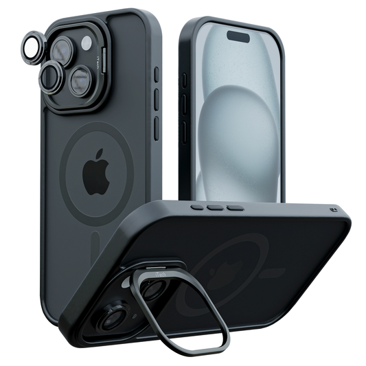 2-in-1 Set: Black MagSafe Case with Phone Stand and 2 Camera Protectors for iPhone 16 Plus