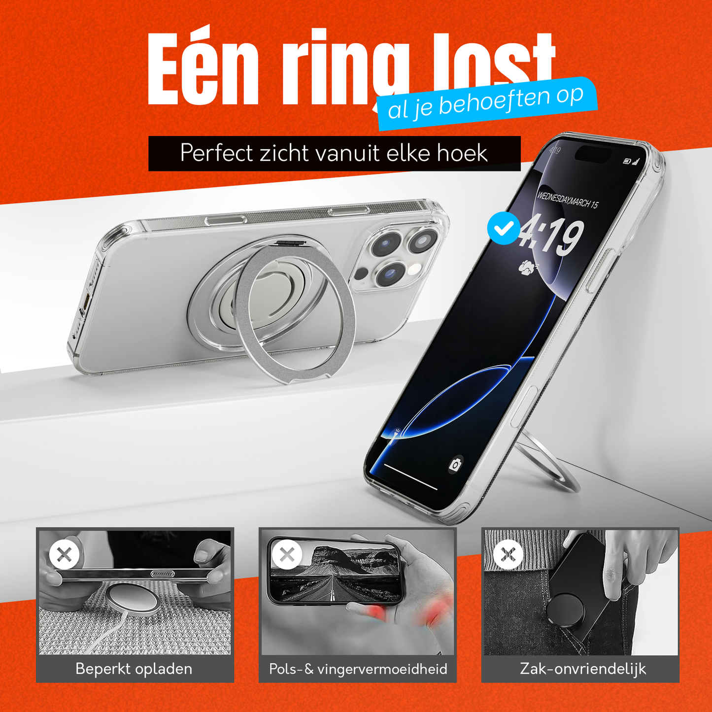 iPhone 16 Pro Max Hoesje – Shockproof MagSafe Case met 360 Ring Stand Transparant
