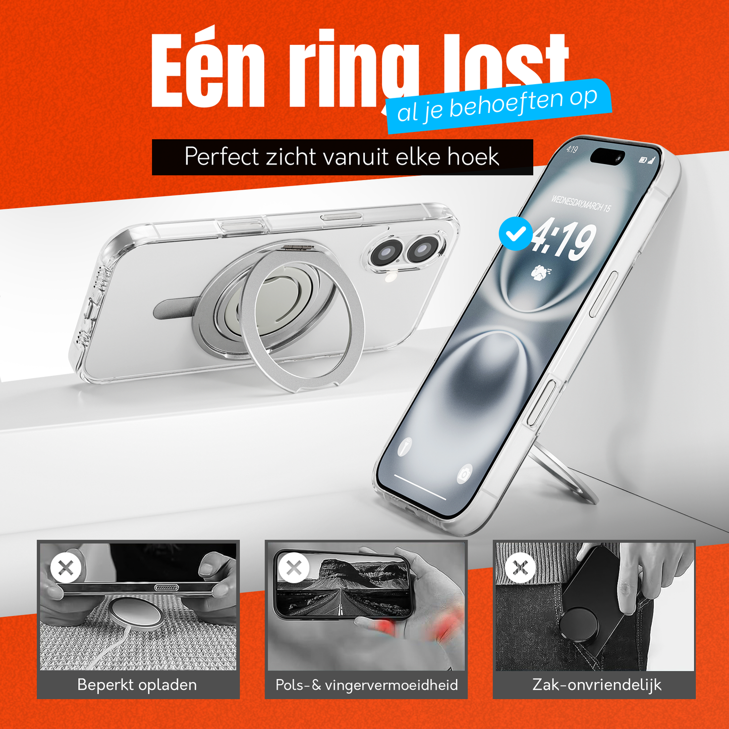 iPhone 16 Plus Hoesje – Shockproof MagSafe Case met 360 Ring Stand Transparant