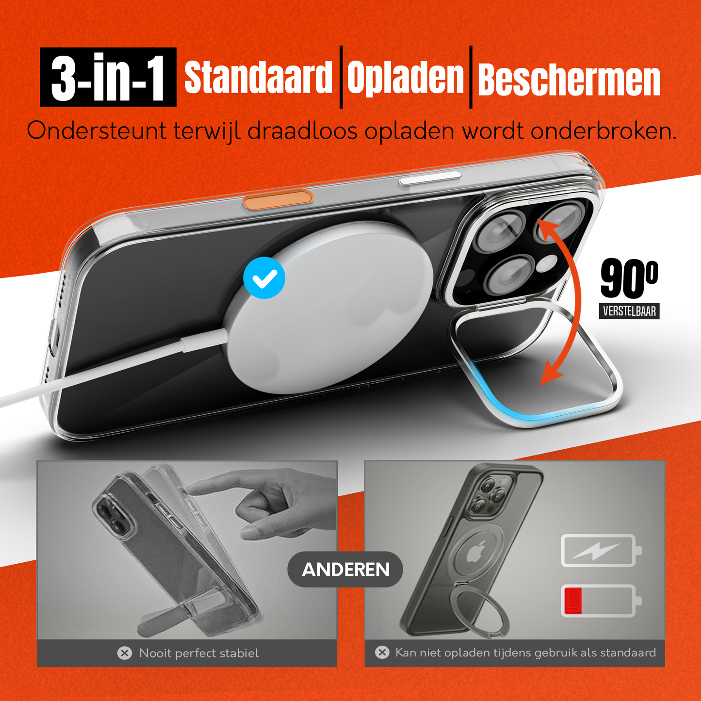 iPhone 16 Pro Hoesje – Transparant MagSafe Case met Metalen Stand & Oranje Button