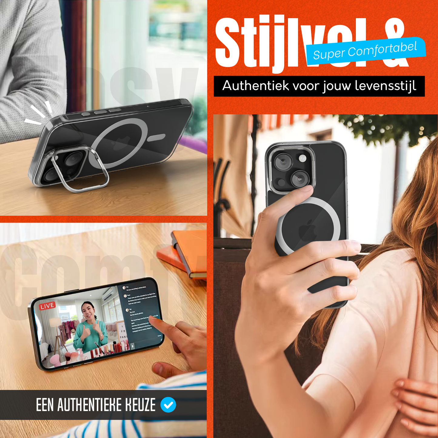 iPhone 15 Hoesje – Transparant MagSafe Case met Metalen Stand & Oranje Button