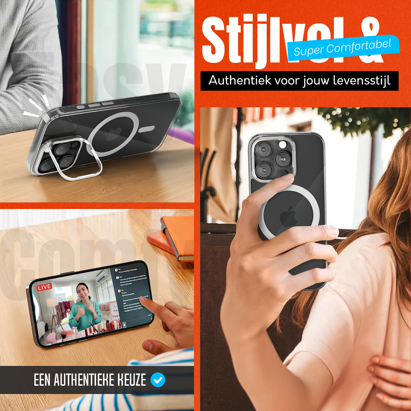 iPhone 16 Pro Hoesje – Transparant MagSafe Case met Metalen Stand & Oranje Button