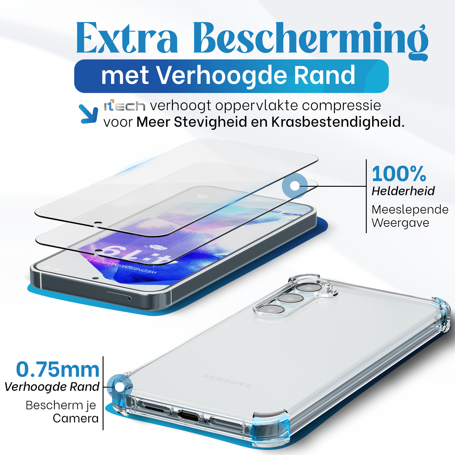 iTech Combo: 2 Screenprotectors & 1 Bumper Hoes voor Samsung Galaxy A55 – 3-in-1 Bescherming