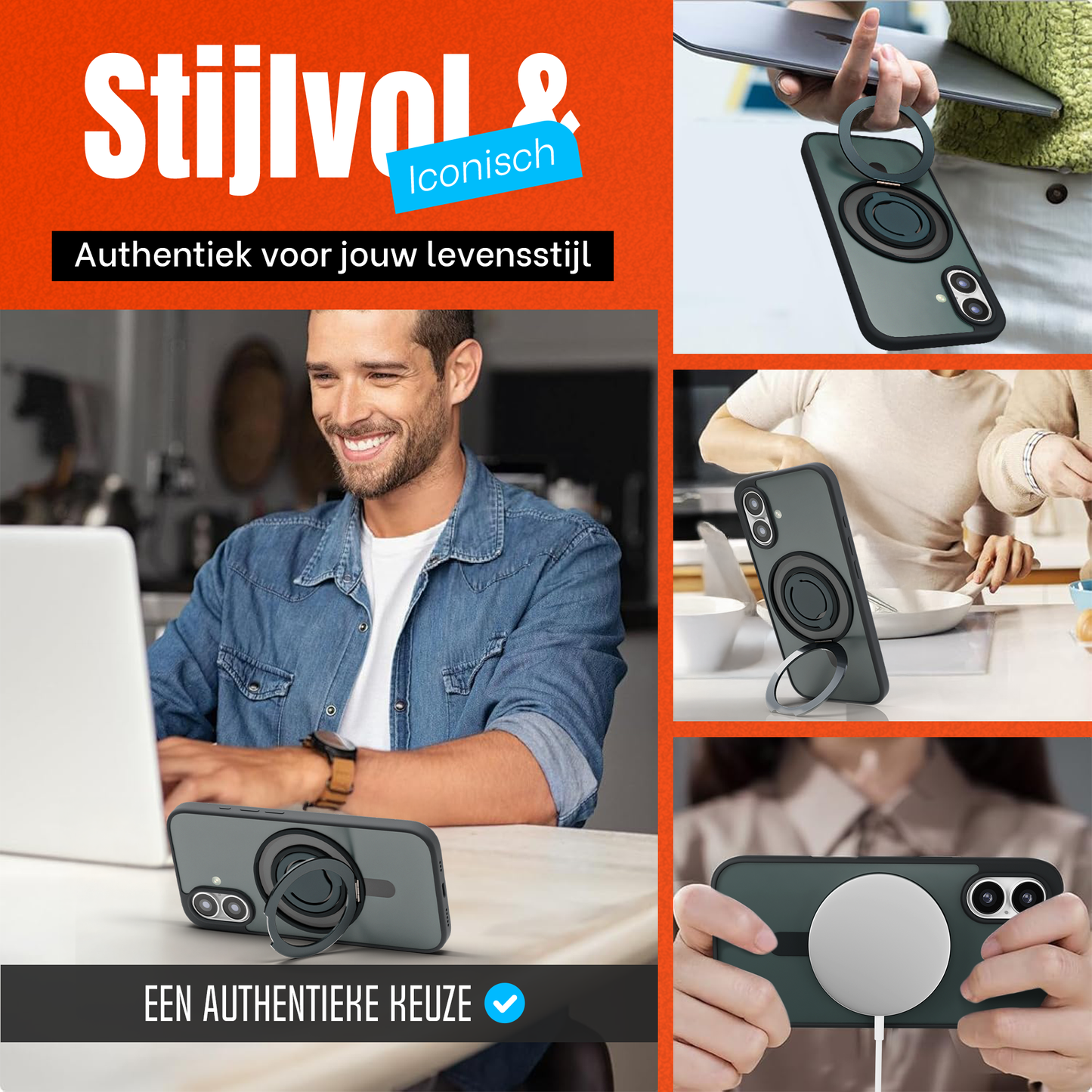 iPhone 16 Plus Hoesje – Shockproof MagSafe Case met 360° Ring Stand Zwart