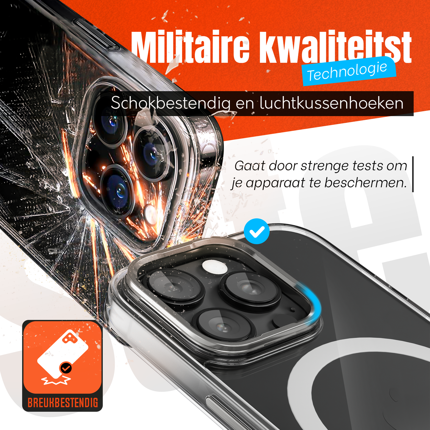 iPhone 15 Pro Max Hoesje – Transparant MagSafe Case met Metalen Stand & Oranje Button