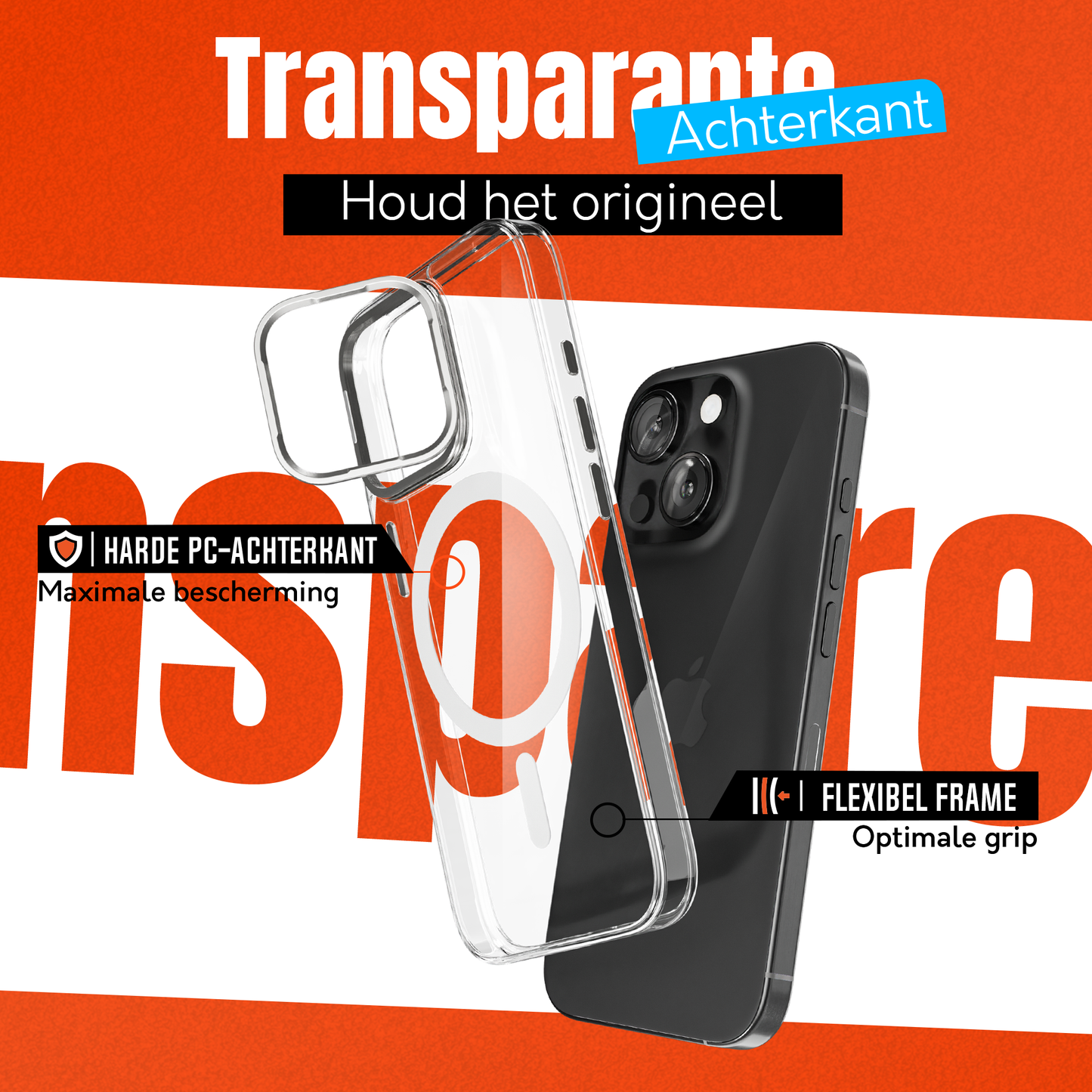 iPhone 15 Plus Hoesje – Transparant MagSafe Case met Metalen Stand & Oranje Button