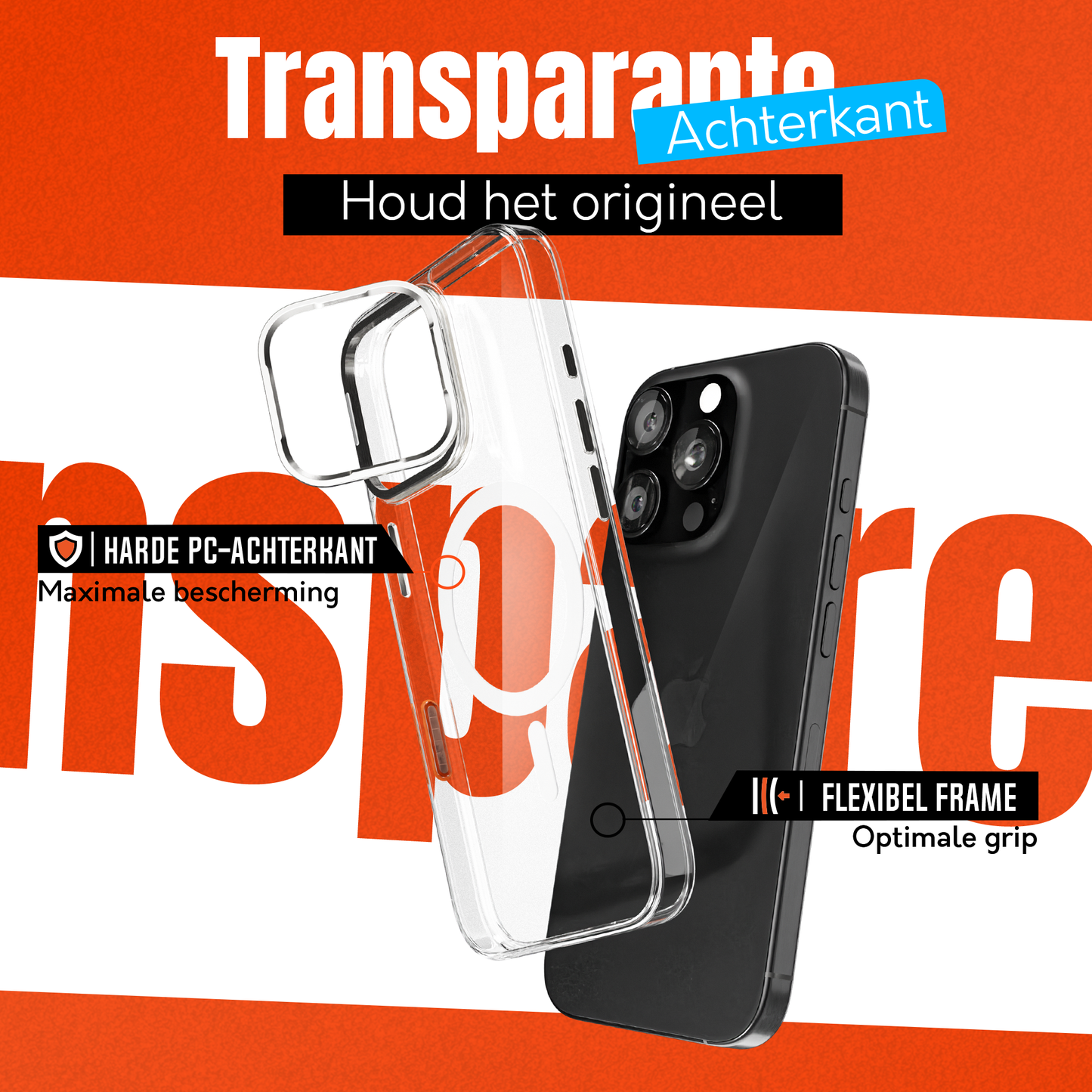 iPhone 16 Pro Hoesje – Transparant MagSafe Case met Metalen Stand & Oranje Button