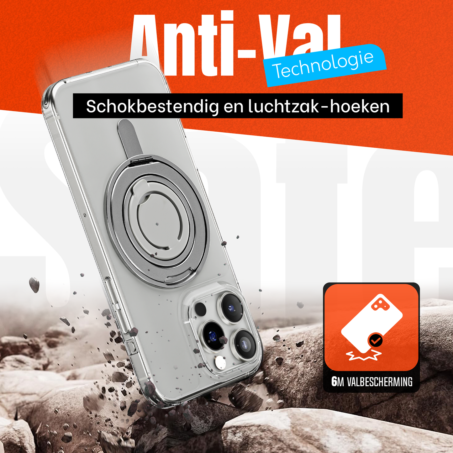 iPhone 16 Pro Max Hoesje – Shockproof MagSafe Case met 360 Ring Stand Transparant