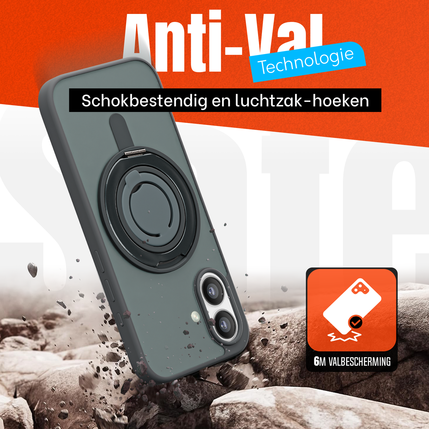 iPhone 16 Plus Hoesje – Shockproof MagSafe Case met 360° Ring Stand Zwart