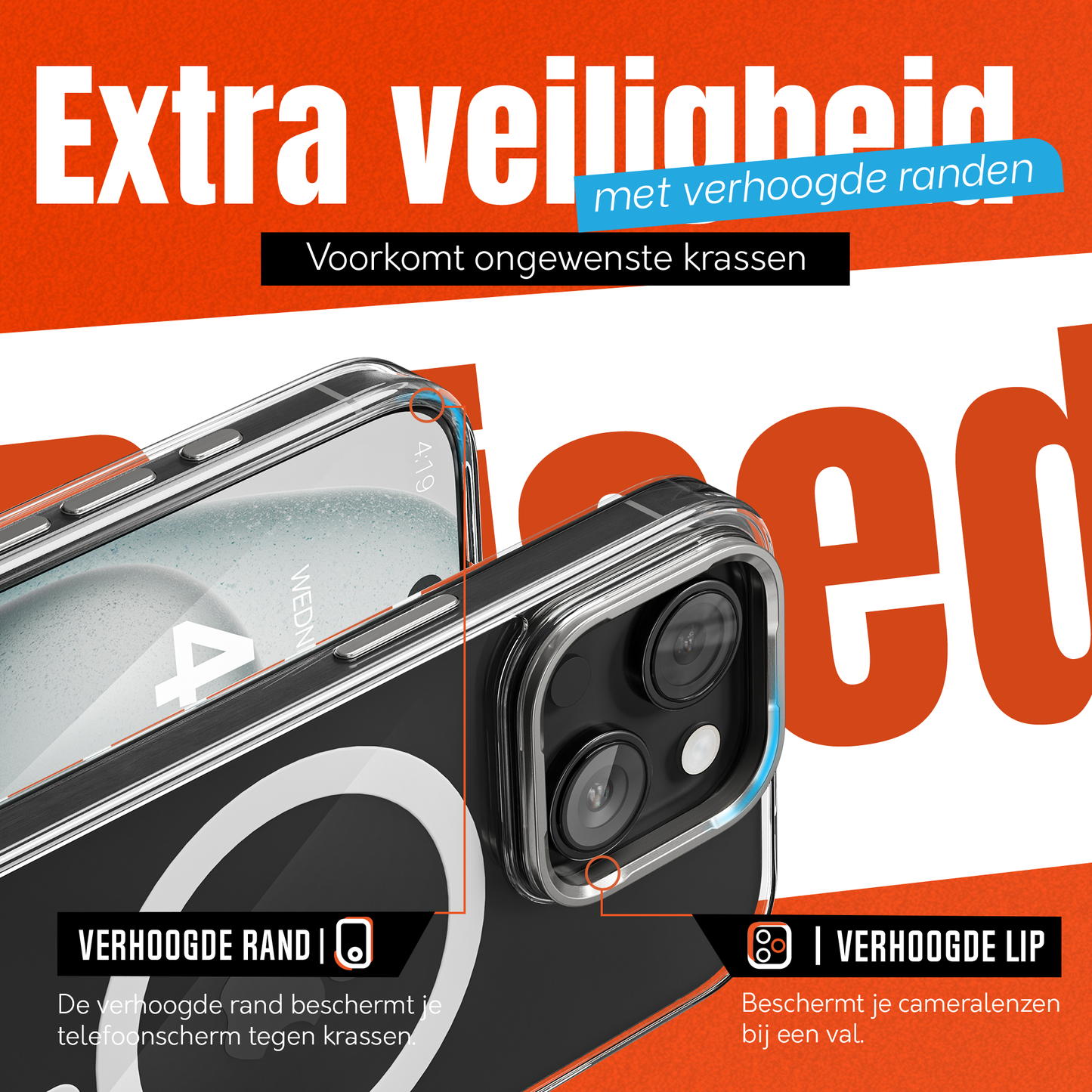 iPhone 15 Plus Hoesje – Transparant MagSafe Case met Metalen Stand & Oranje Button