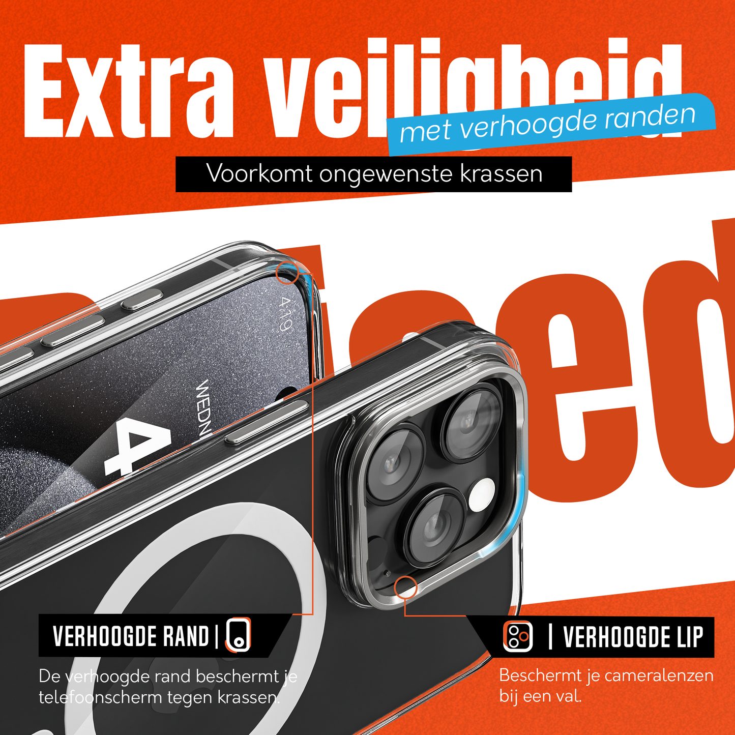 iPhone 15 Pro Max Hoesje – Transparant MagSafe Case met Metalen Stand & Oranje Button