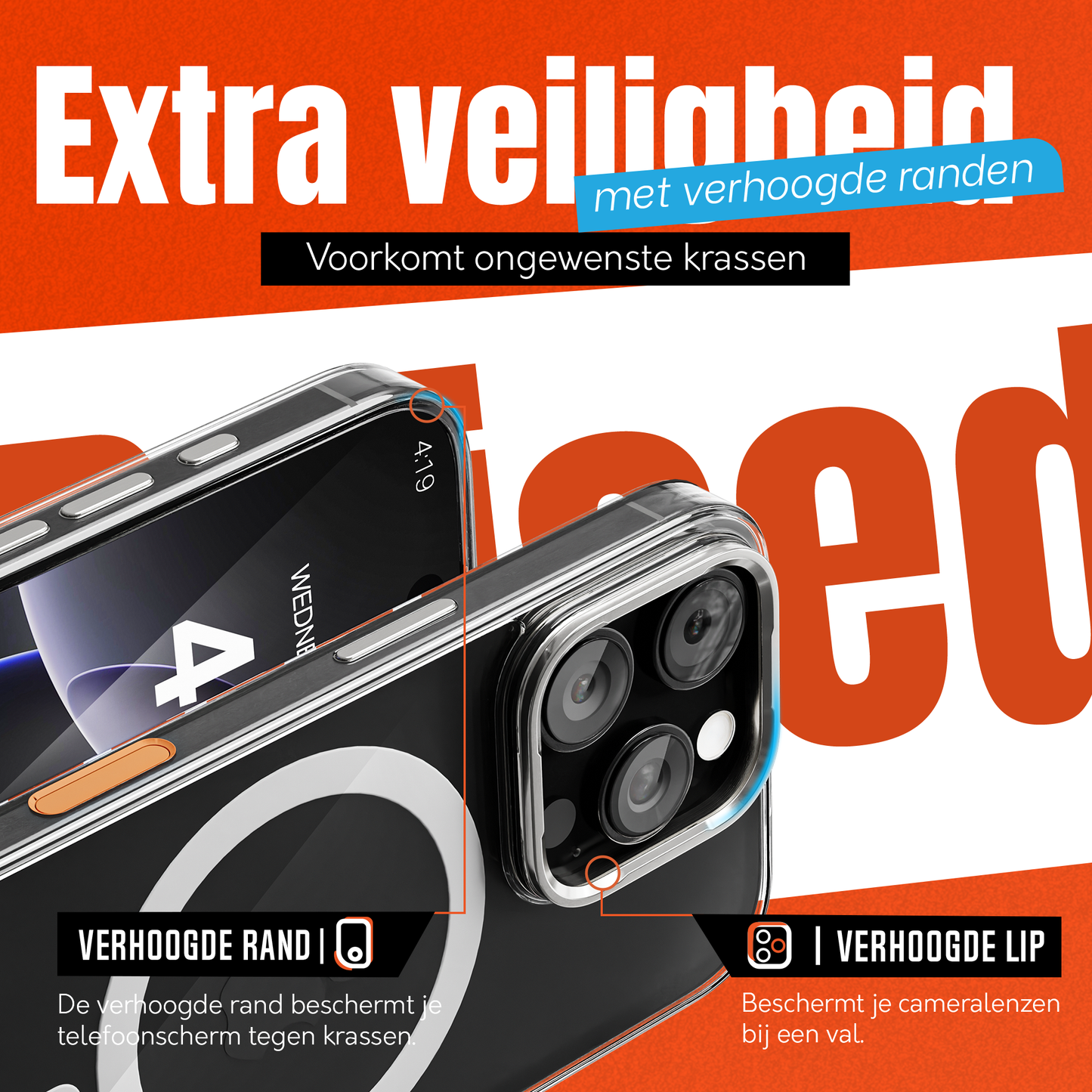 iPhone 16 Pro Hoesje – Transparant MagSafe Case met Metalen Stand & Oranje Button