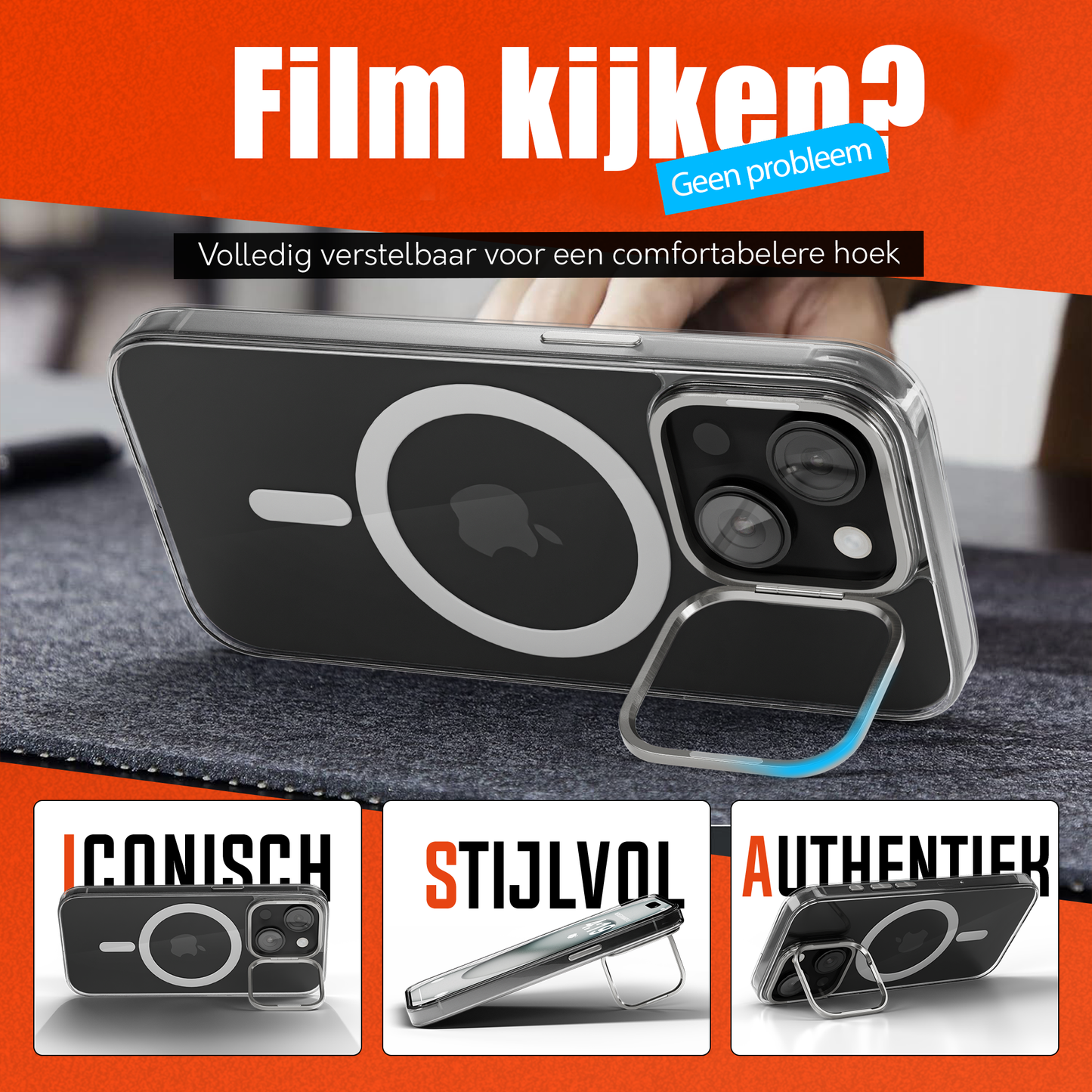 iPhone 15 Plus Hoesje – Transparant MagSafe Case met Metalen Stand & Oranje Button