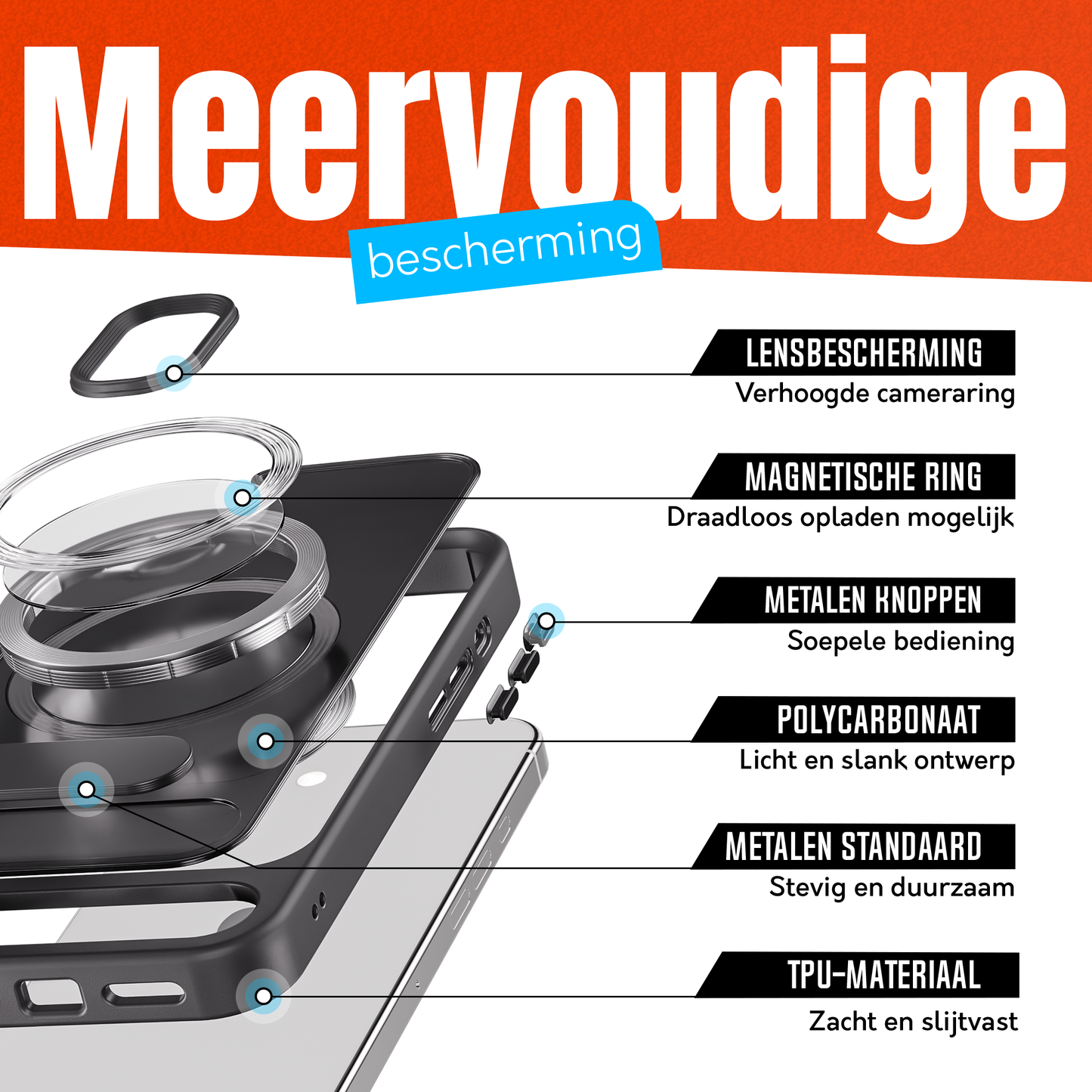 My Case - Hoesje geschikt voor iPhone 16 Plus MagSafe - Zwart - Draadloos Opladen - Standaard - Soepele Metalen Knoppen