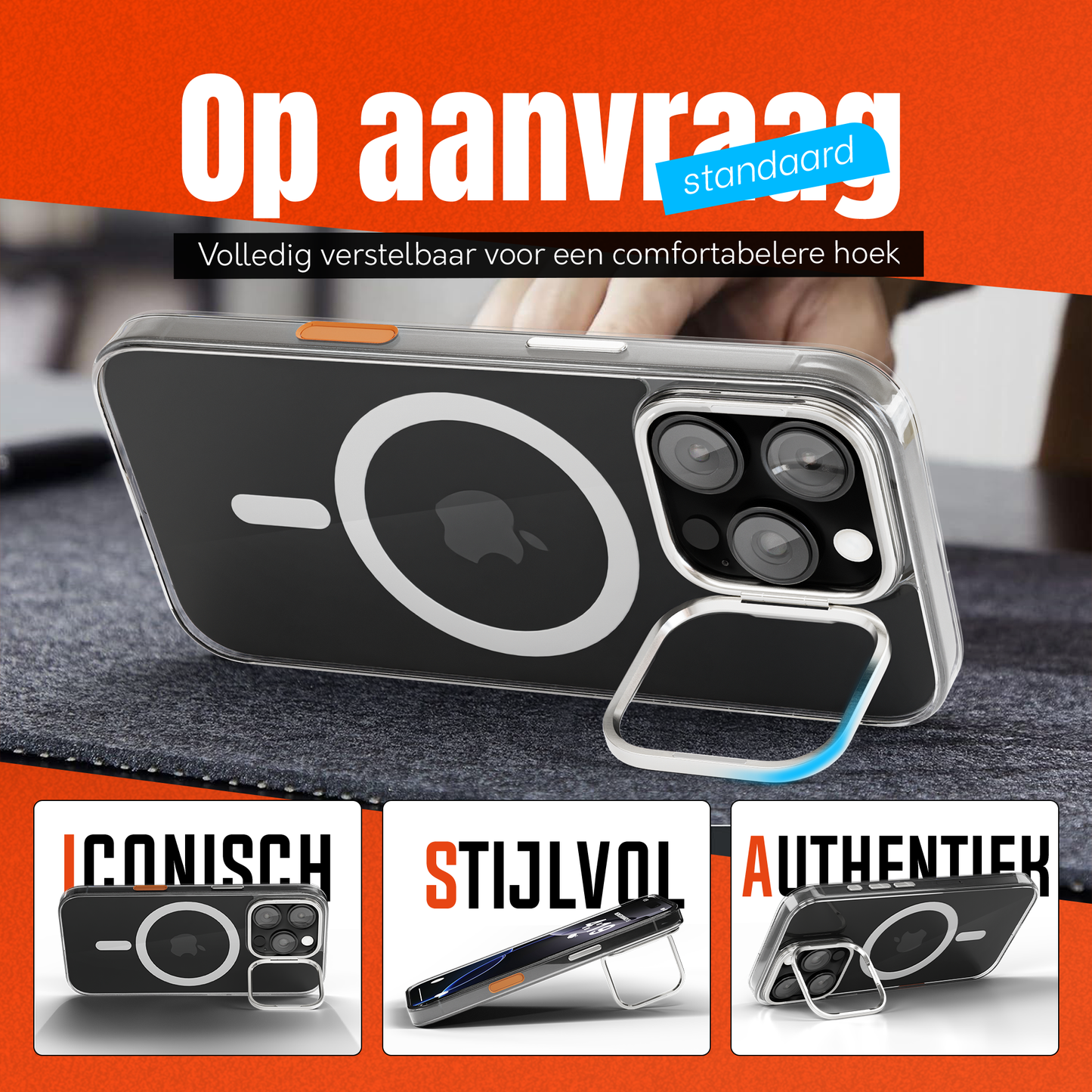 iPhone 16 Pro Hoesje – Transparant MagSafe Case met Metalen Stand & Oranje Button
