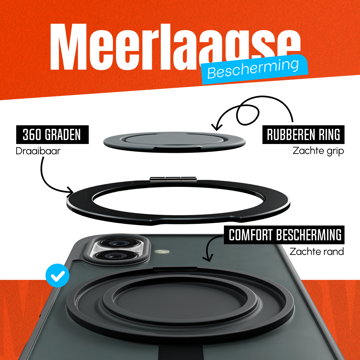 iPhone 16 Plus Hoesje – Shockproof MagSafe Case met 360° Ring Stand Zwart