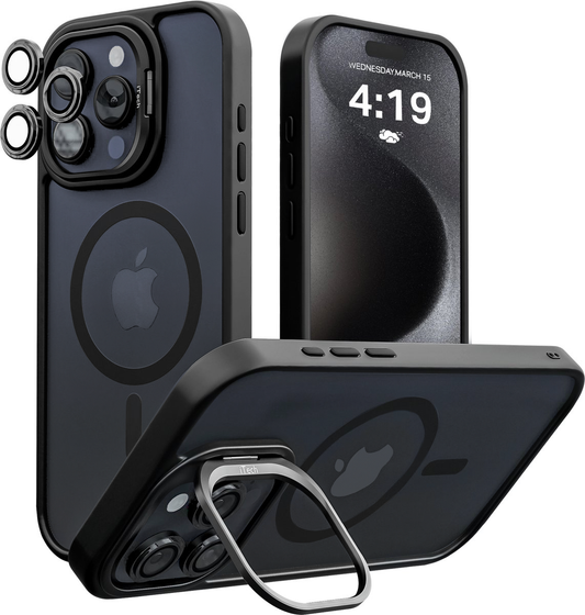 2-in-1 Black Transparent MagSafe Case Set with Phone Stand and 3 Camera Protectors for iPhone 15 Pro Max