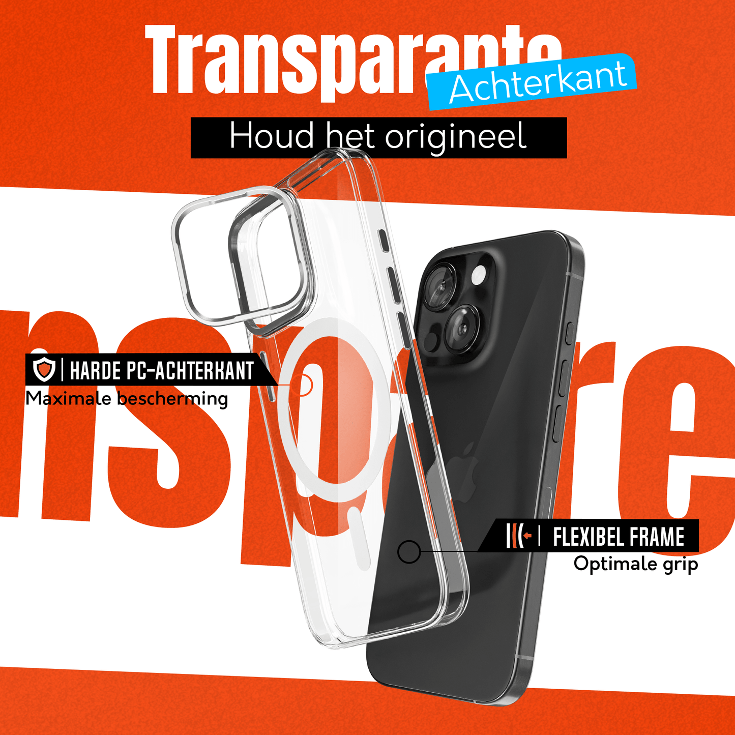 iPhone 15 Hoesje – Transparant MagSafe Case met Metalen Stand & Oranje Button - mijnhoesjesiPhone 15 Hoesje – Transparant MagSafe Case met Metalen Stand & Oranje Button