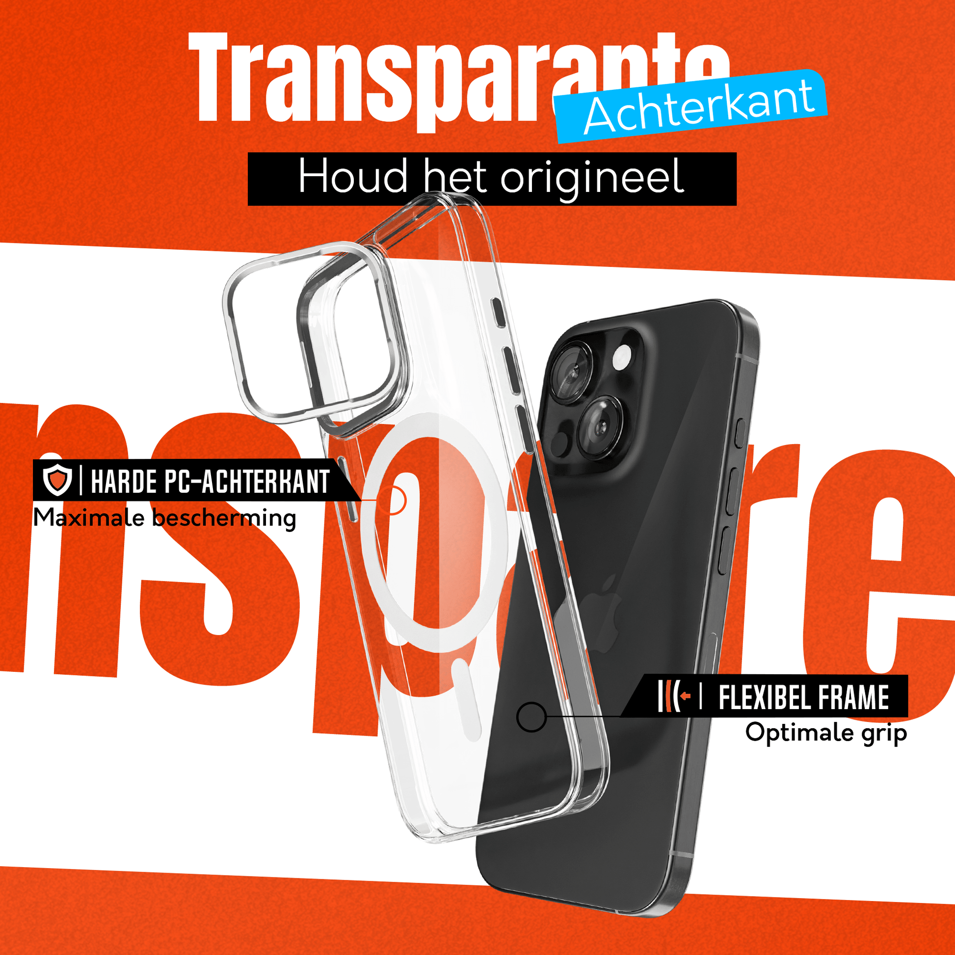iPhone 15 Hoesje – Transparant MagSafe Case met Metalen Stand & Oranje Button - mijnhoesjesiPhone 15 Hoesje – Transparant MagSafe Case met Metalen Stand & Oranje Button