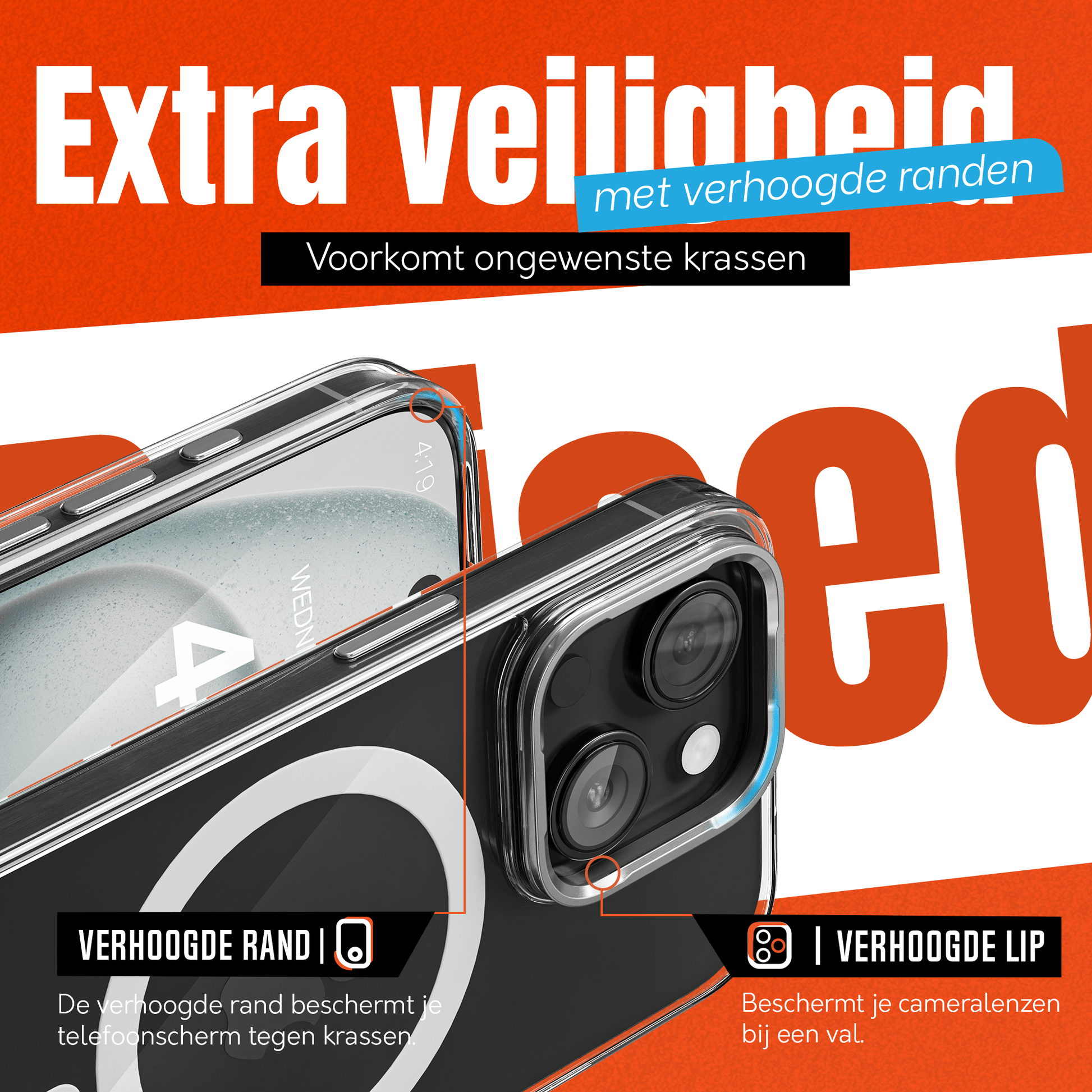 iPhone 15 Hoesje – Transparant MagSafe Case met Metalen Stand & Oranje Button - mijnhoesjesiPhone 15 Hoesje – Transparant MagSafe Case met Metalen Stand & Oranje Button