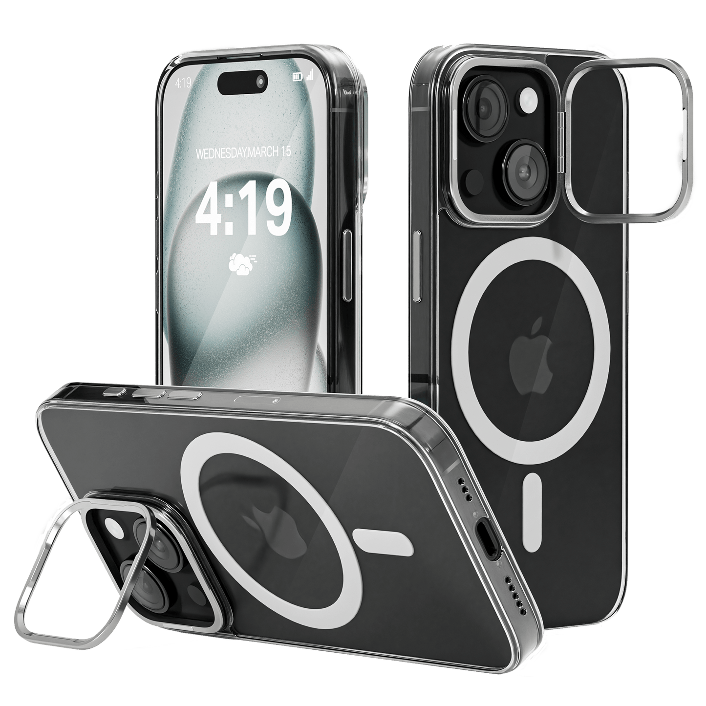 iPhone 15 Hoesje – Transparant MagSafe Case met Metalen Stand & Oranje Button - mijnhoesjesiPhone 15 Hoesje – Transparant MagSafe Case met Metalen Stand & Oranje Button