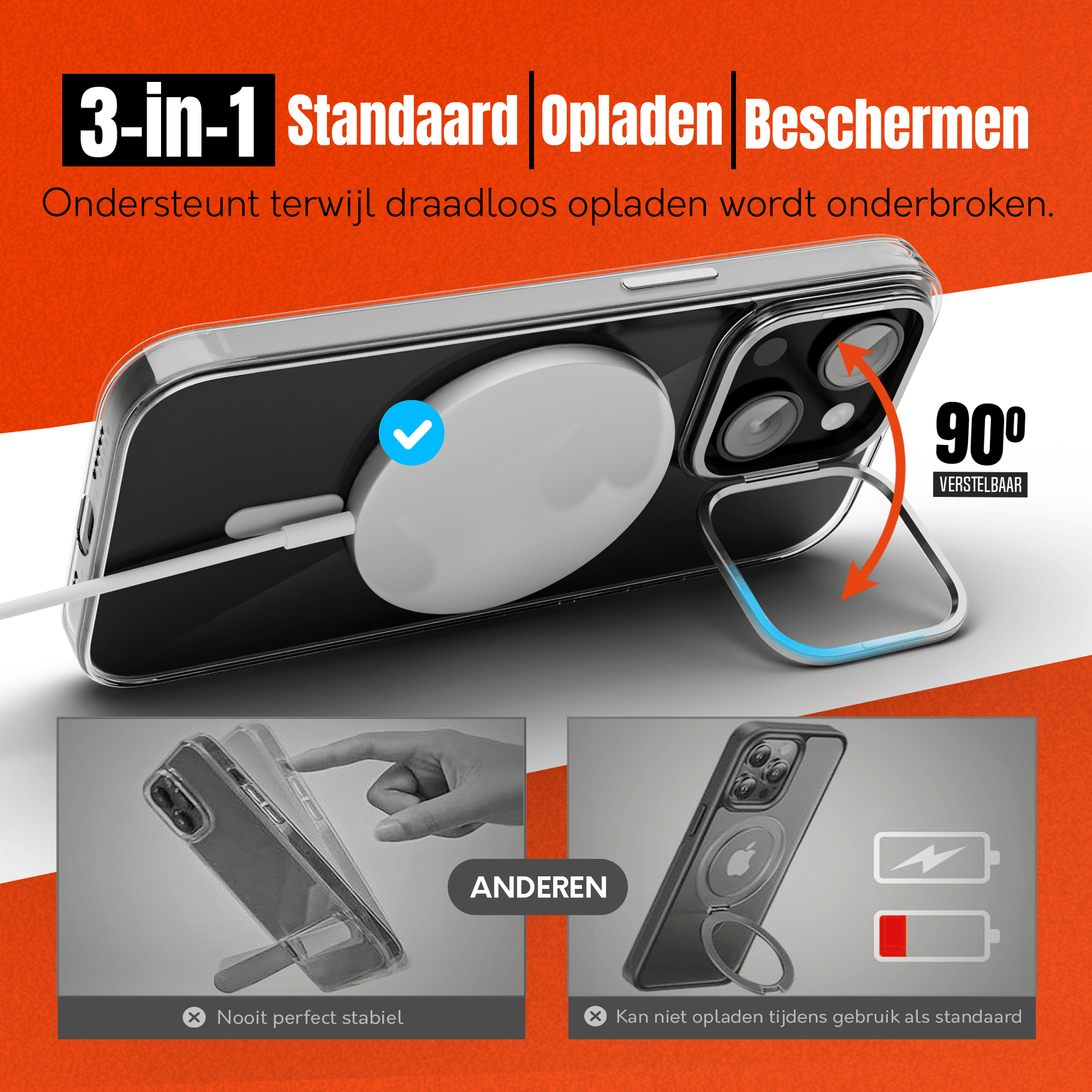 iPhone 15 Hoesje – Transparant MagSafe Case met Metalen Stand & Oranje Button - mijnhoesjesiPhone 15 Hoesje – Transparant MagSafe Case met Metalen Stand & Oranje Button
