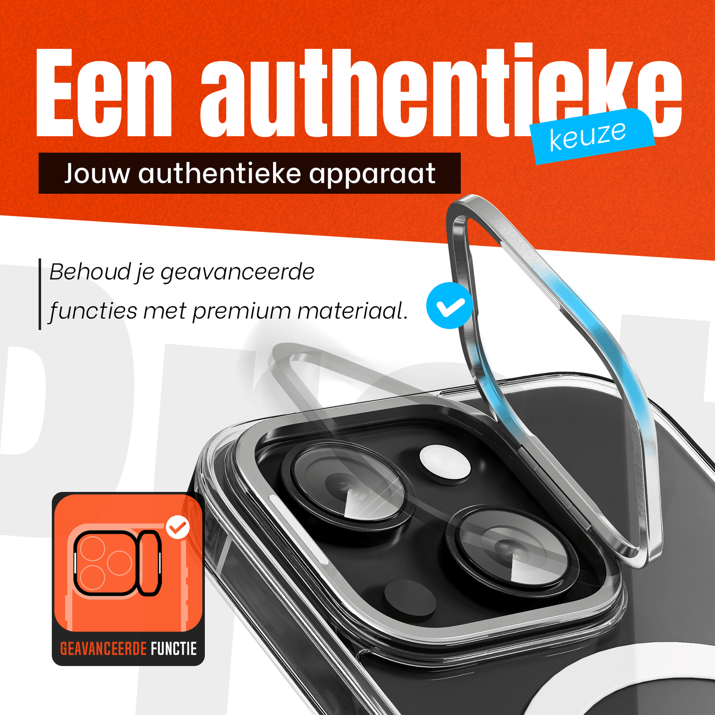 iPhone 15 Hoesje – Transparant MagSafe Case met Metalen Stand & Oranje Button - mijnhoesjesiPhone 15 Hoesje – Transparant MagSafe Case met Metalen Stand & Oranje Button