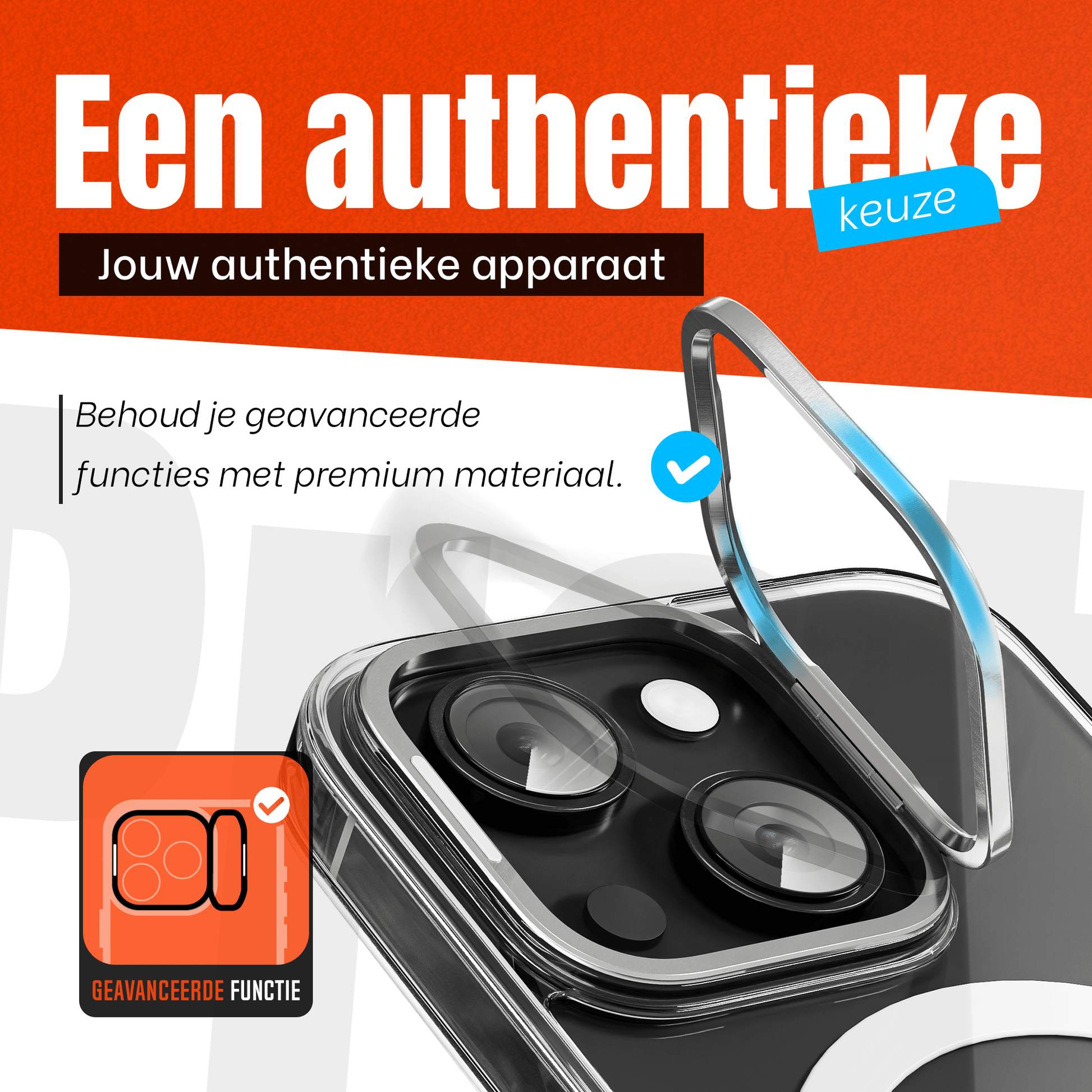 iPhone 15 Hoesje – Transparant MagSafe Case met Metalen Stand & Oranje Button - mijnhoesjesiPhone 15 Hoesje – Transparant MagSafe Case met Metalen Stand & Oranje Button