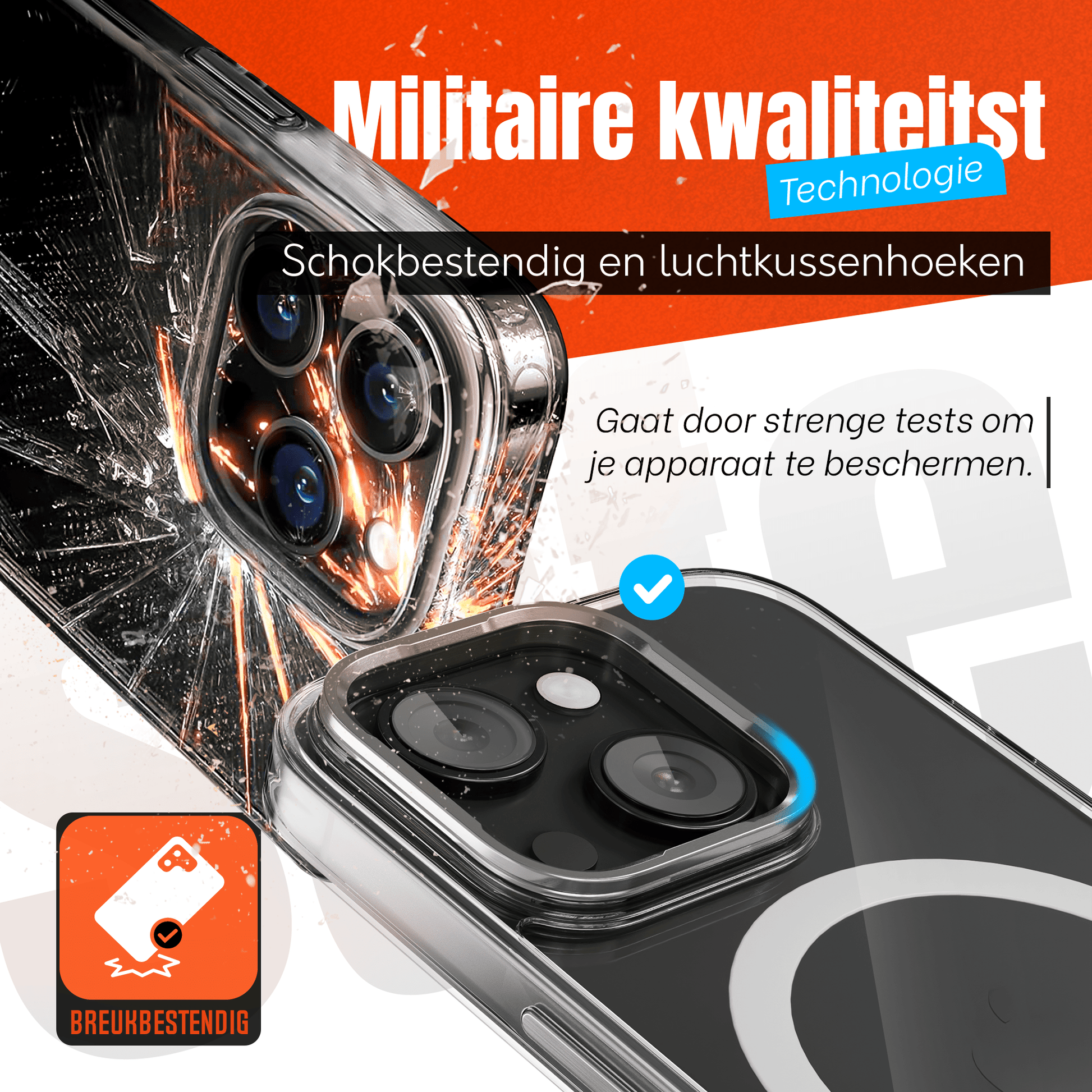 iPhone 15 Hoesje – Transparant MagSafe Case met Metalen Stand & Oranje Button - mijnhoesjesiPhone 15 Hoesje – Transparant MagSafe Case met Metalen Stand & Oranje Button