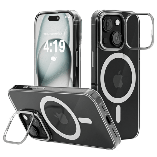 iPhone 15 Plus Hoesje – Transparant MagSafe Case met Metalen Stand & Oranje Button - mijnhoesjesiPhone 15 Plus Hoesje – Transparant MagSafe Case met Metalen Stand & Oranje Button