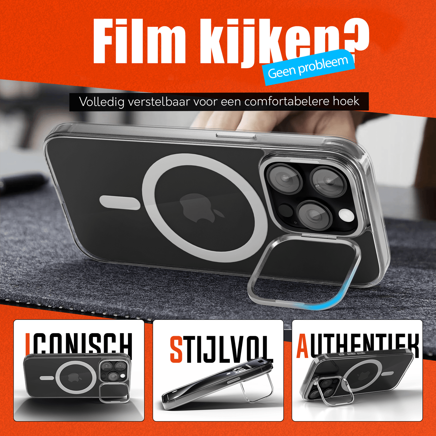 iPhone 15 Pro Hoesje – Transparant MagSafe Case met Metalen Stand & Oranje Button - mijnhoesjesiPhone 15 Pro Hoesje – Transparant MagSafe Case met Metalen Stand & Oranje Button
