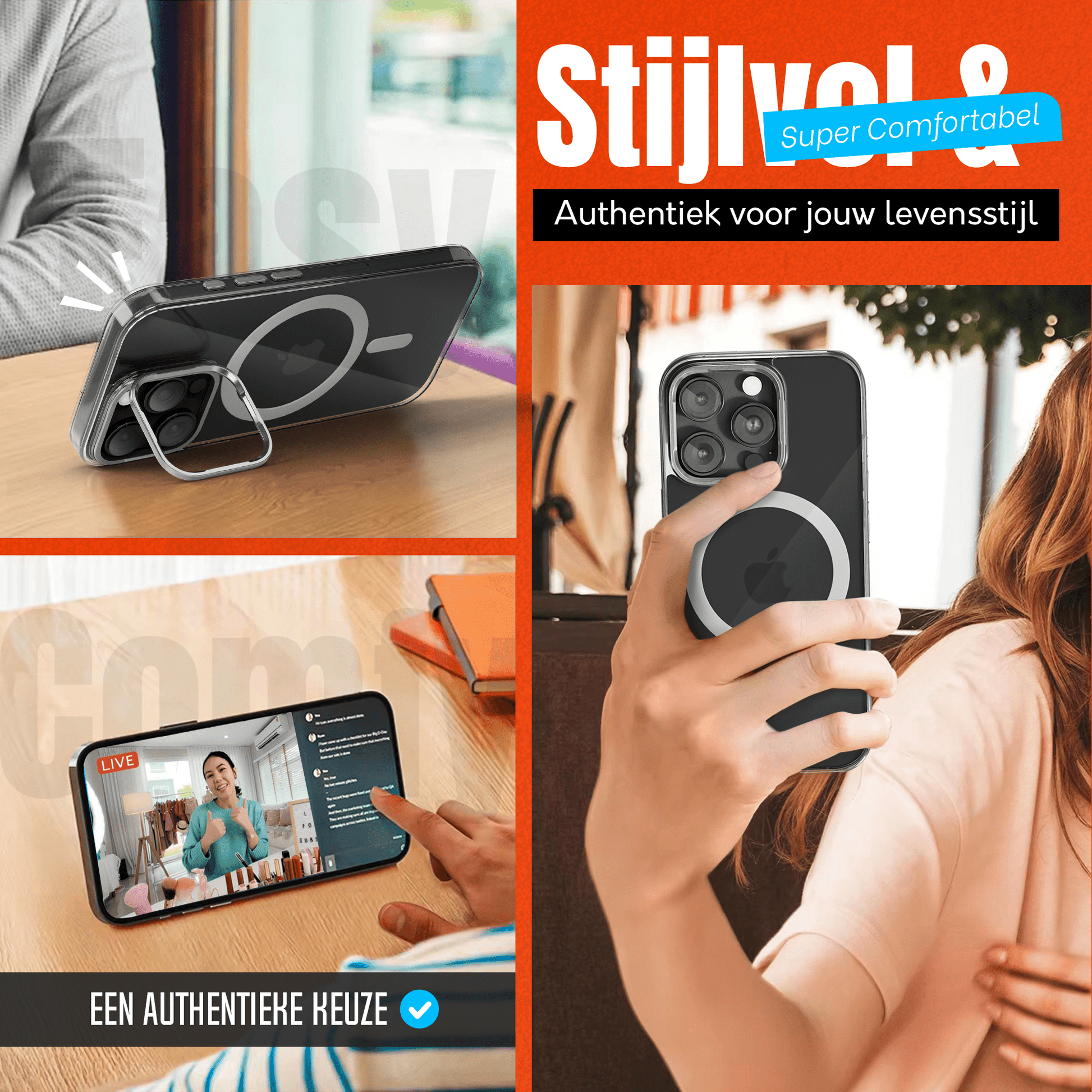 iPhone 15 Pro Hoesje – Transparant MagSafe Case met Metalen Stand & Oranje Button - mijnhoesjesiPhone 15 Pro Hoesje – Transparant MagSafe Case met Metalen Stand & Oranje Button