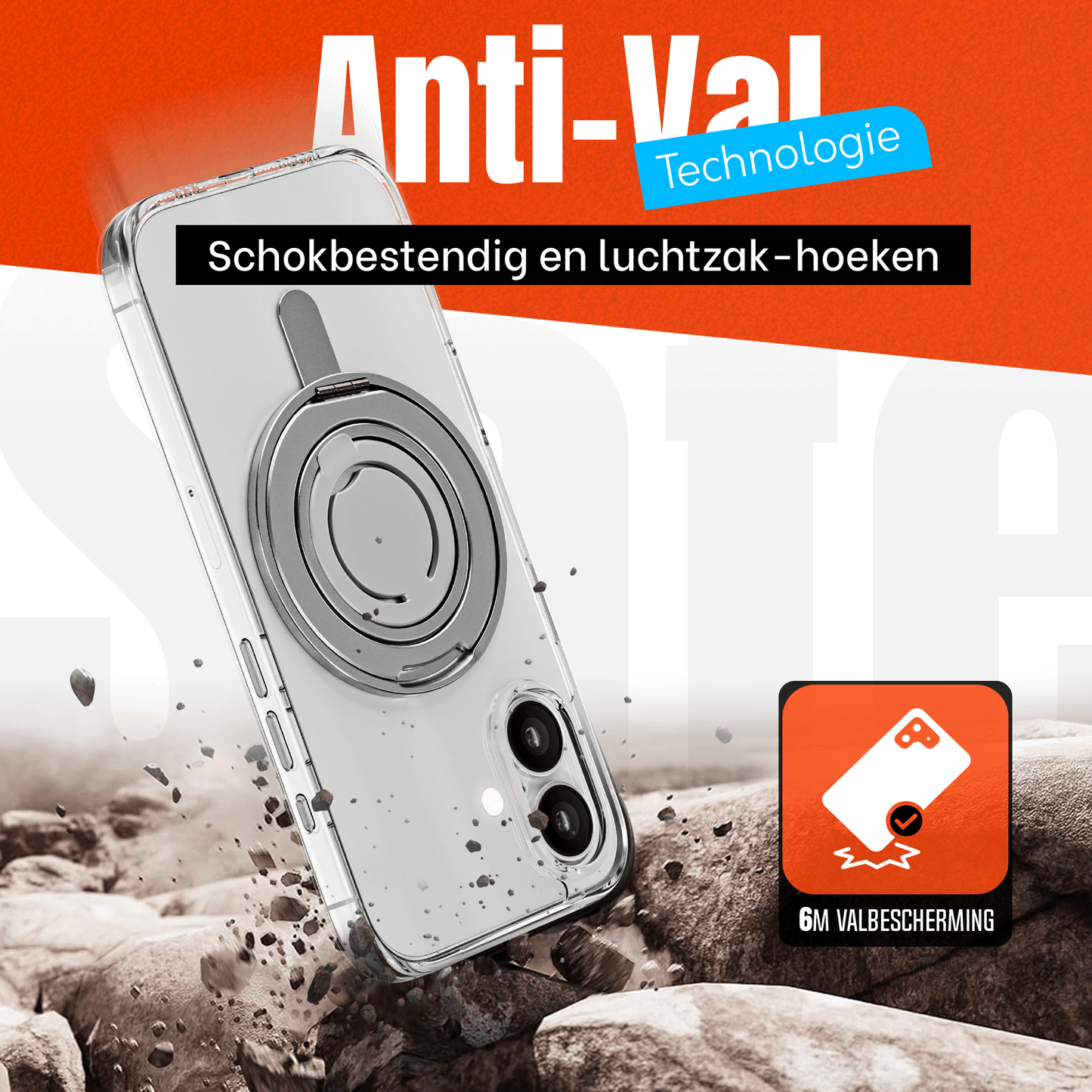 iPhone 16 Hoesje – Shockproof MagSafe Case met 360 Ring Stand Transparant - mijnhoesjesiPhone 16 Hoesje – Shockproof MagSafe Case met 360 Ring Stand Transparant