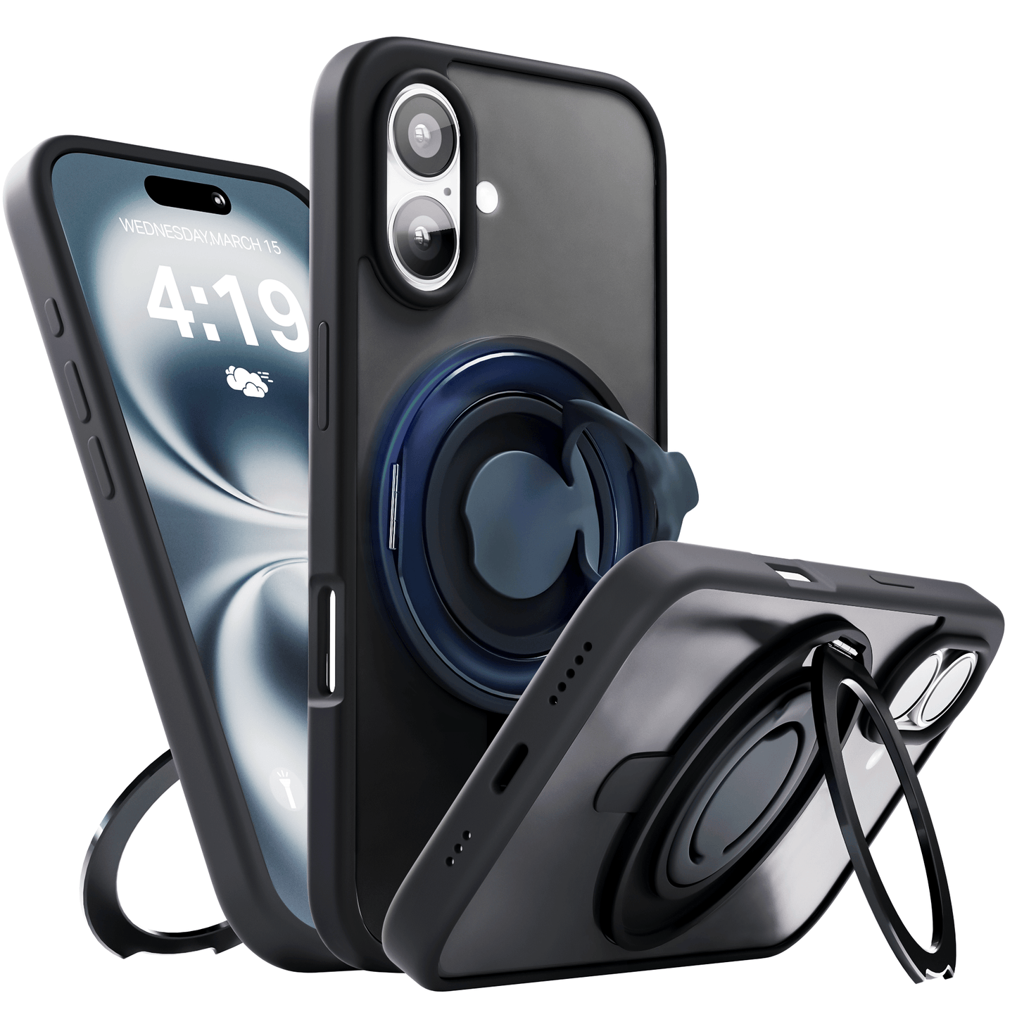 iPhone 16 Hoesje – Shockproof MagSafe Case met 360° Ring Stand Zwart - mijnhoesjesiPhone 16 Hoesje – Shockproof MagSafe Case met 360° Ring Stand Zwart