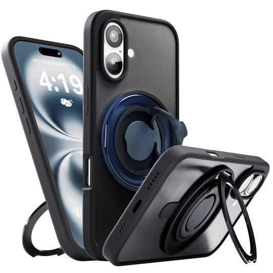 iPhone 16 Hoesje – Shockproof MagSafe Case met 360° Ring Stand Zwart - mijnhoesjesiPhone 16 Hoesje – Shockproof MagSafe Case met 360° Ring Stand Zwart