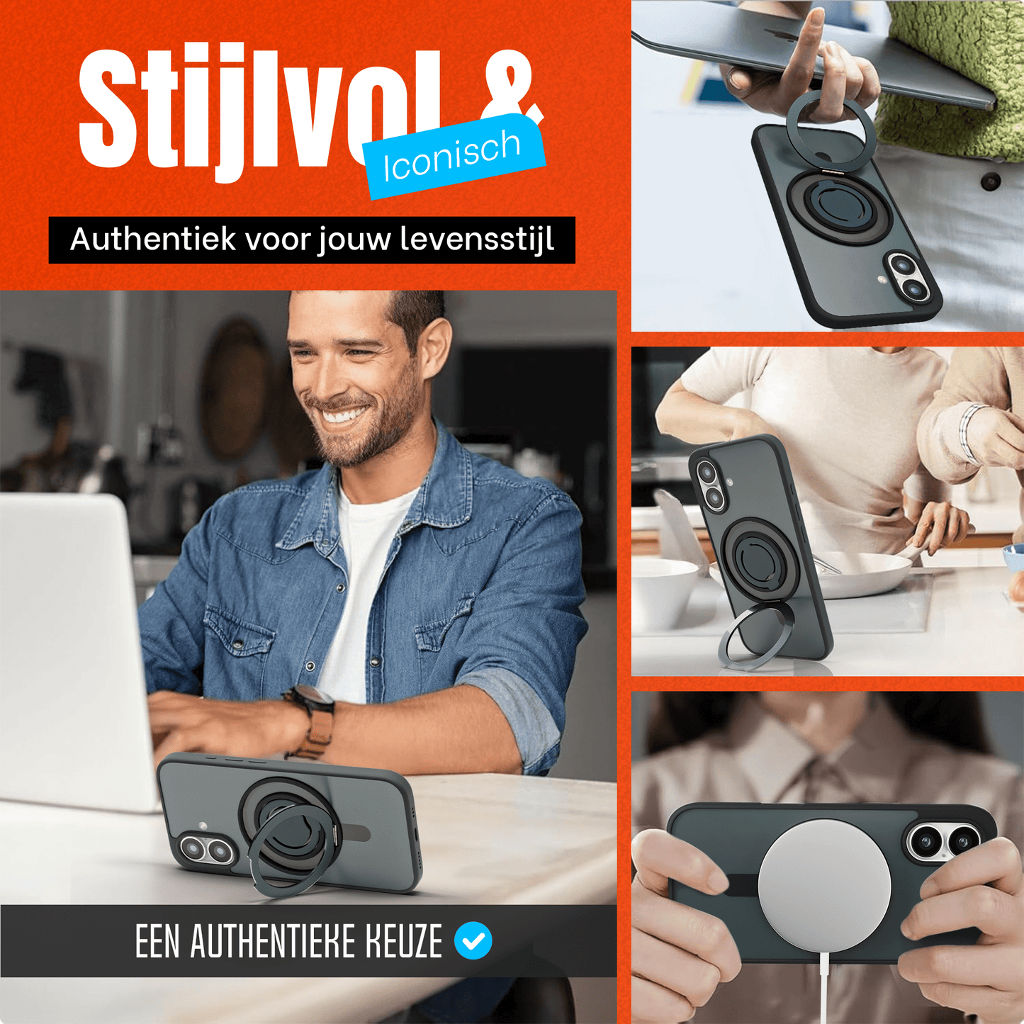 iPhone 16 Hoesje – Shockproof MagSafe Case met 360° Ring Stand Zwart - mijnhoesjesiPhone 16 Hoesje – Shockproof MagSafe Case met 360° Ring Stand Zwart