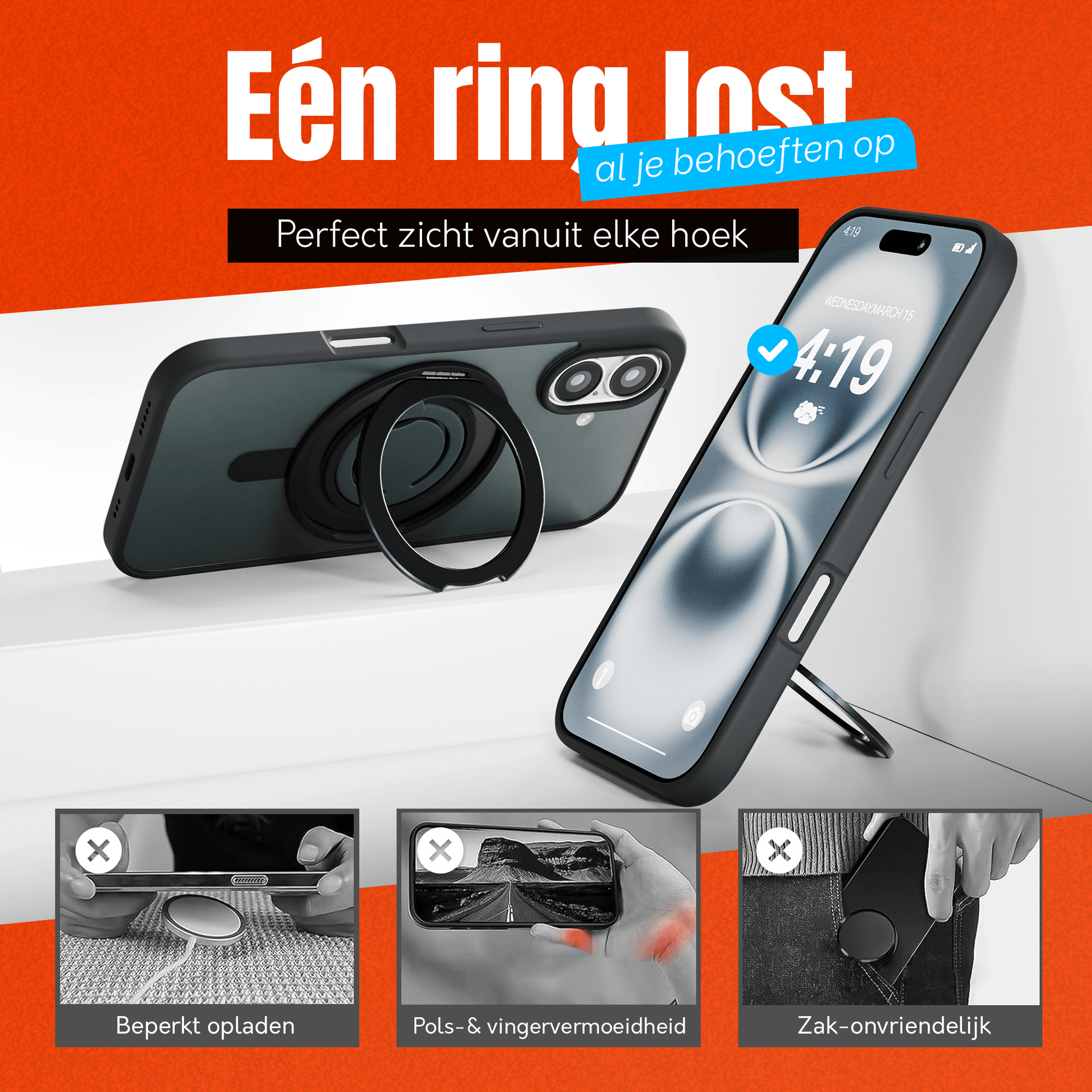iPhone 16 Hoesje – Shockproof MagSafe Case met 360° Ring Stand Zwart - mijnhoesjesiPhone 16 Hoesje – Shockproof MagSafe Case met 360° Ring Stand Zwart