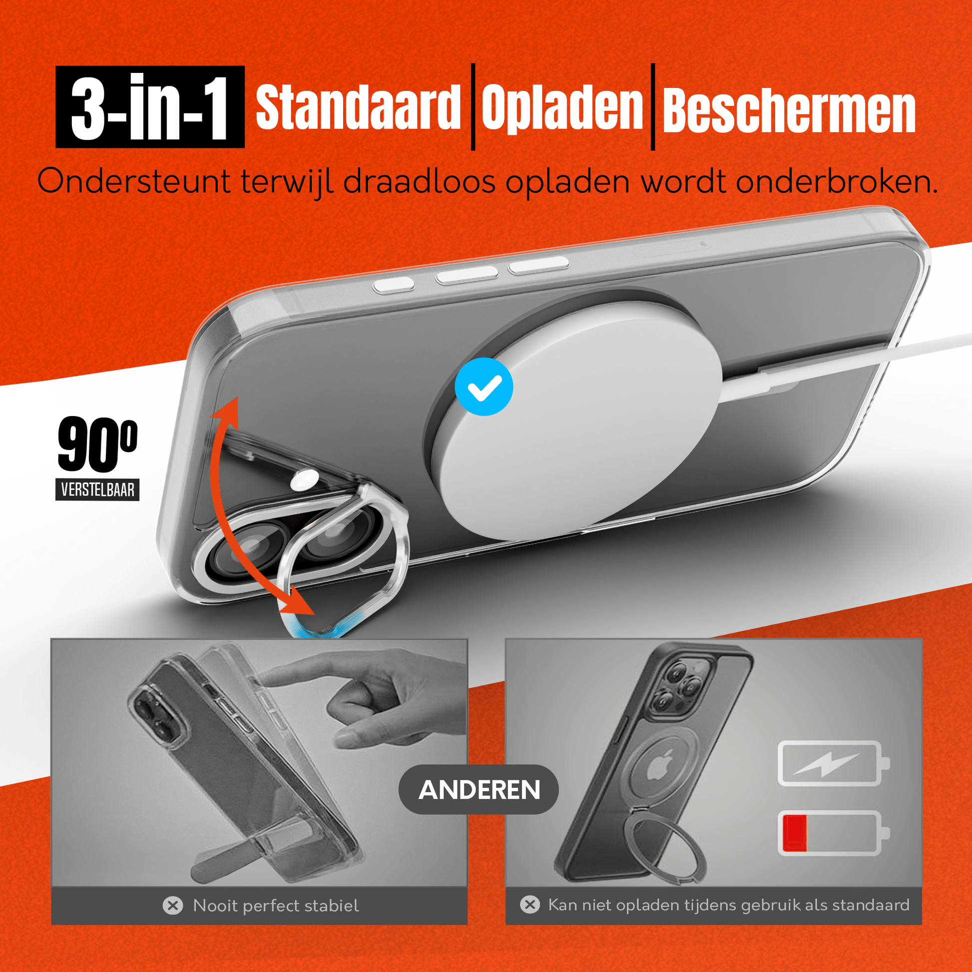 iPhone 16 Hoesje – Transparant MagSafe Case met Metalen Stand & Oranje Button - mijnhoesjesiPhone 16 Hoesje – Transparant MagSafe Case met Metalen Stand & Oranje Button