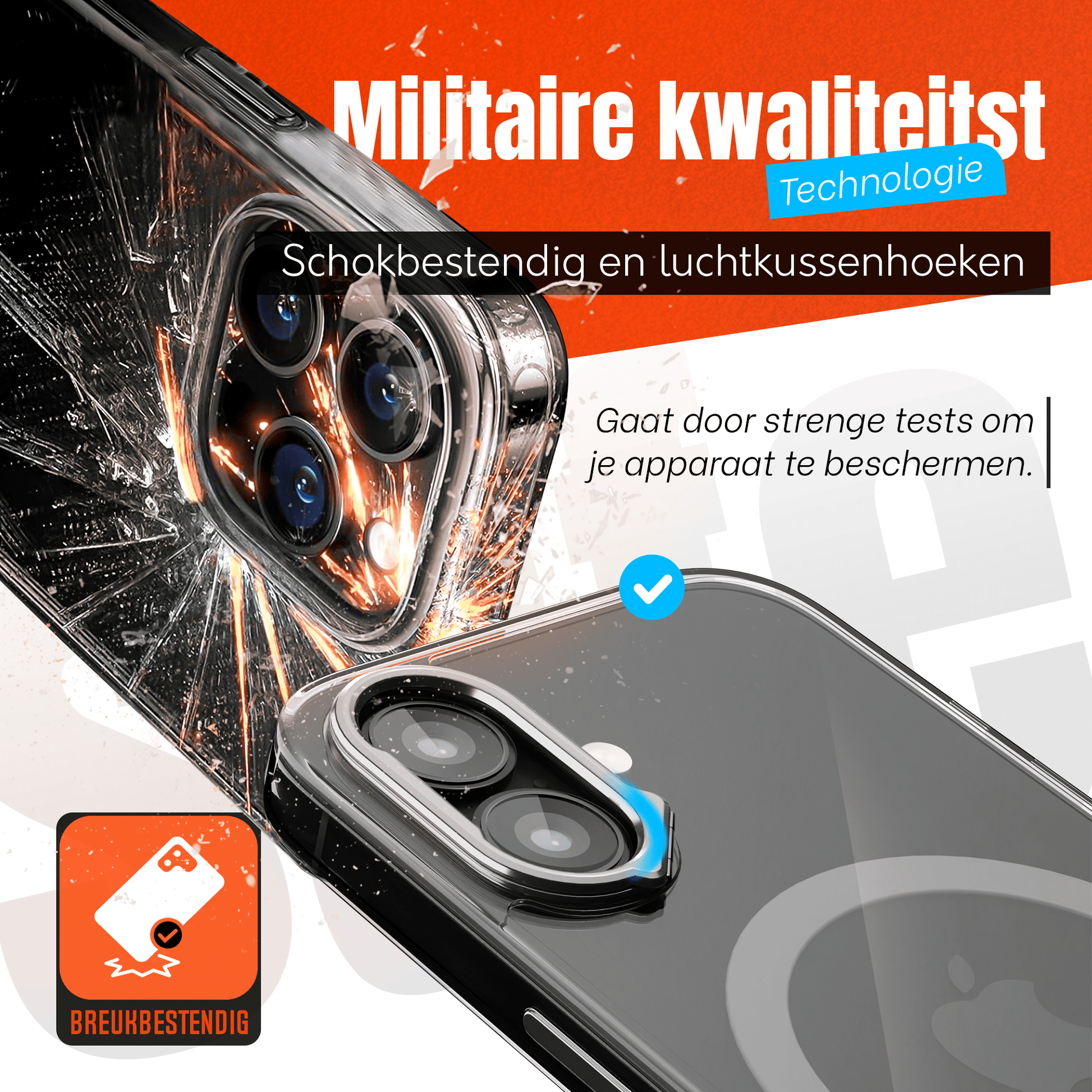 iPhone 16 Hoesje – Transparant MagSafe Case met Metalen Stand & Oranje Button - mijnhoesjesiPhone 16 Hoesje – Transparant MagSafe Case met Metalen Stand & Oranje Button