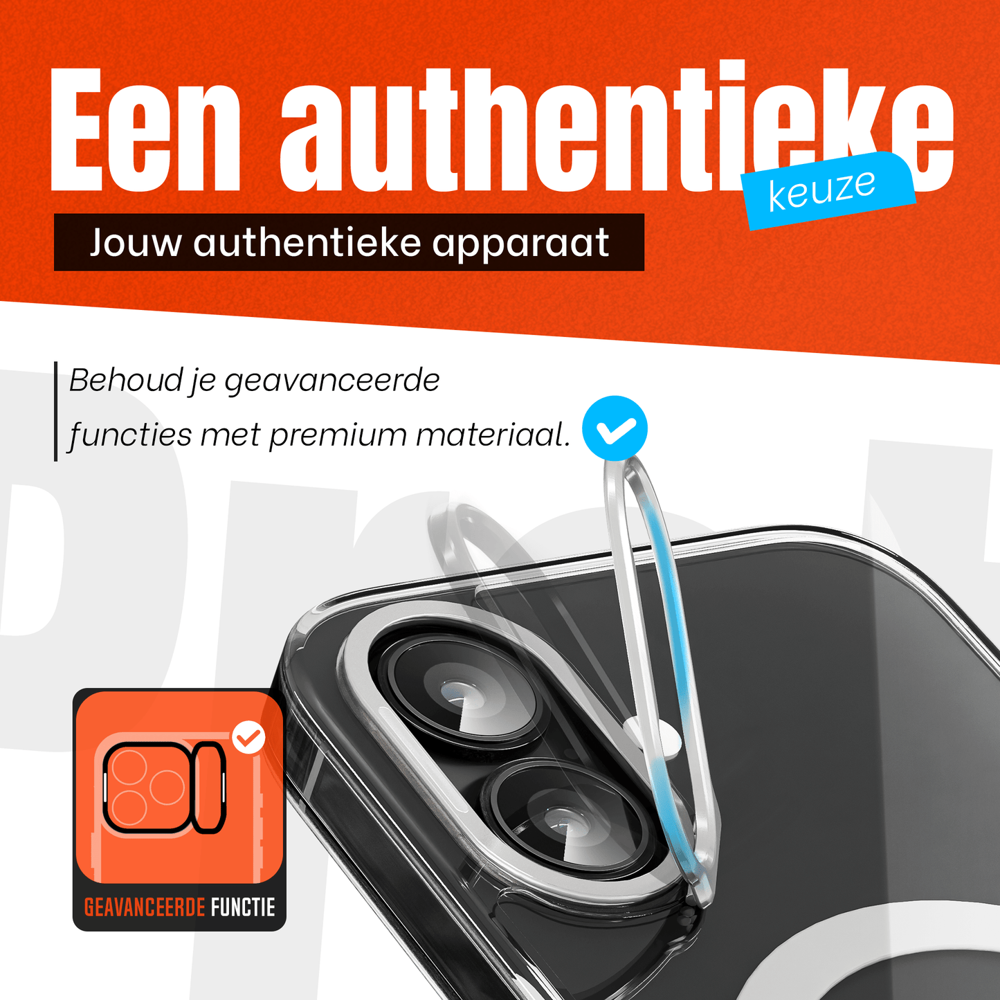 iPhone 16 Hoesje – Transparant MagSafe Case met Metalen Stand & Oranje Button - mijnhoesjesiPhone 16 Hoesje – Transparant MagSafe Case met Metalen Stand & Oranje Button